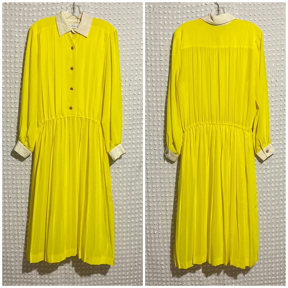 80s Bright Yellow Pleated Secretary Dress Librarian Long Sleeve